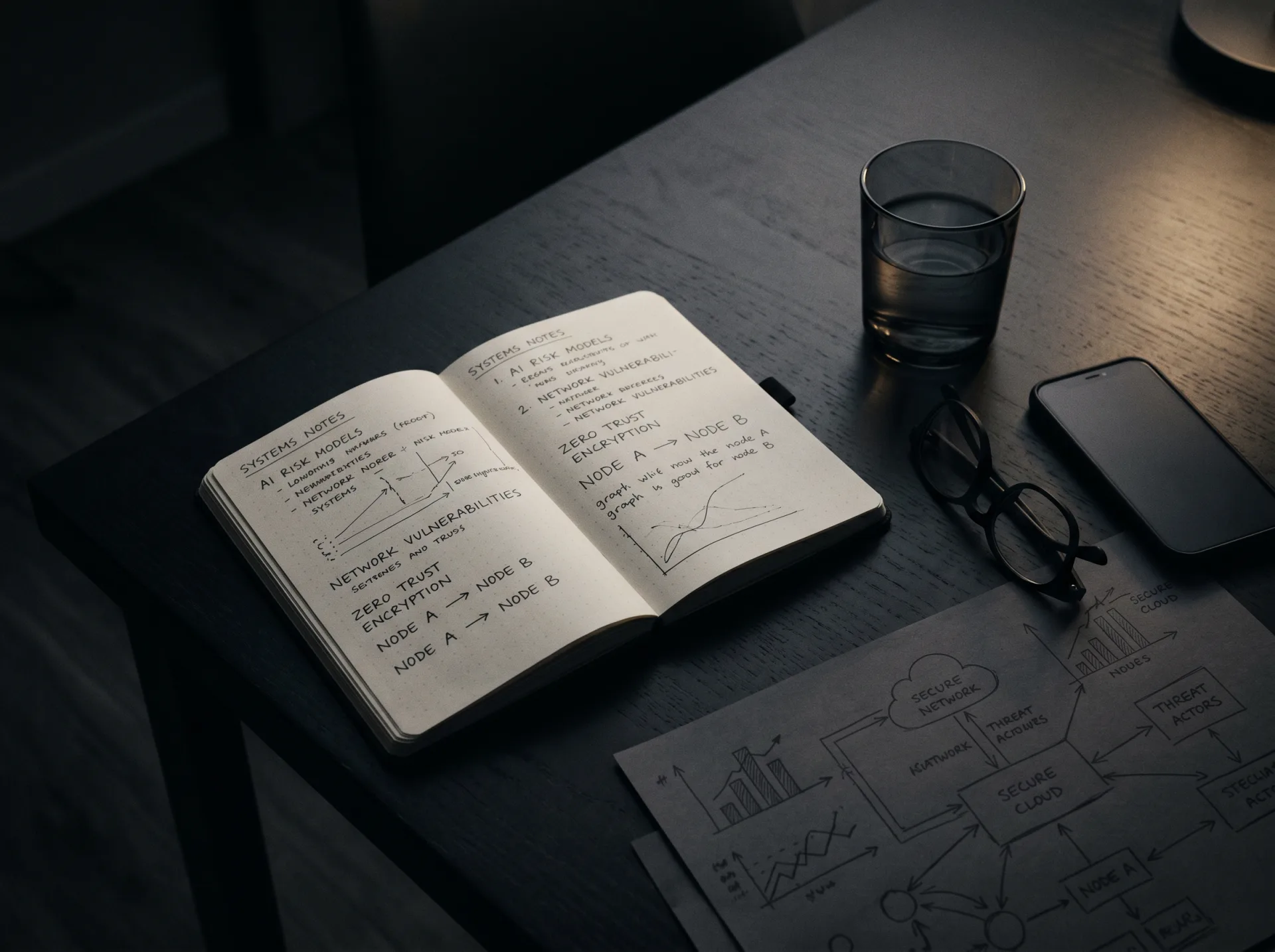 A low-lit desk with a notebook of AI and security systems notes